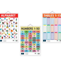 Alphabet, Table 1-15, Number 1-50 Learning Educational Chart (set of 3) for Kids.