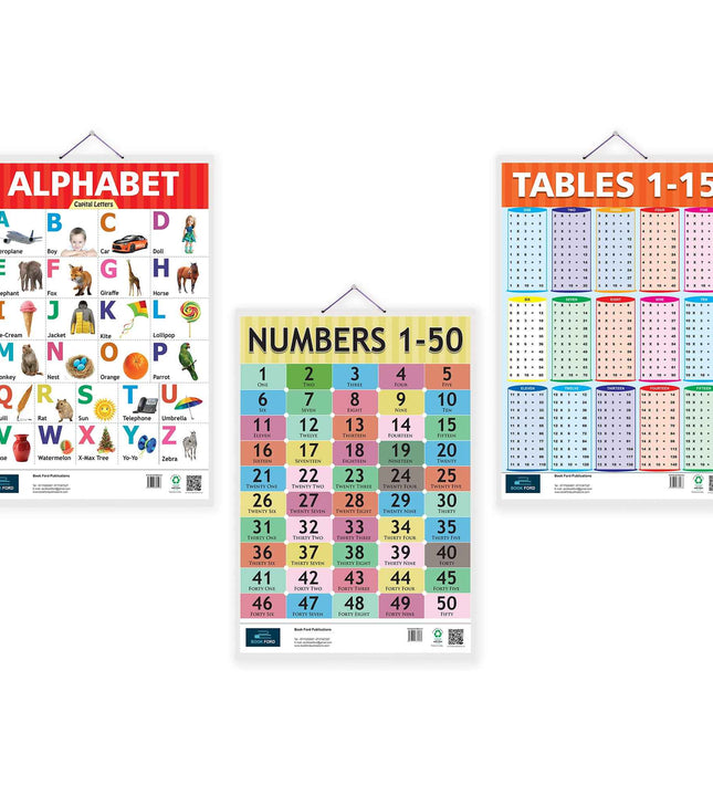 Alphabet, Table 1-15, Number 1-50 Learning Educational Chart (set of 3) for Kids.