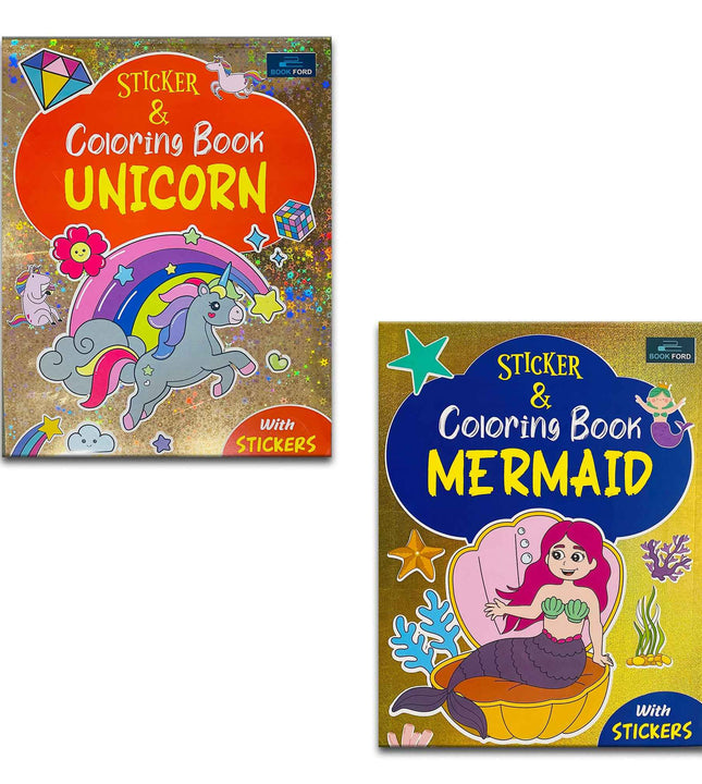 Sticker And Coloring Book for Kids (Set of 2) - Sparkle with Unicorns & Dive into Mermaid Adventures.