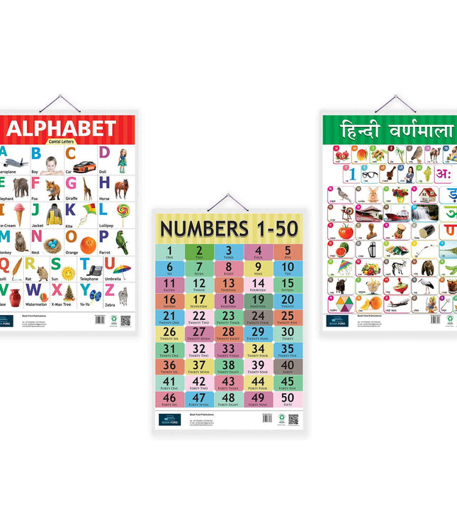 Alphabet, Hindi Varnamala and Number 1-50 Learning Chart (set of 3) for Kids.