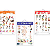 Learn Good Manners, My Body Parts and Action Words Educational Charts - set of 3 For Kids.
