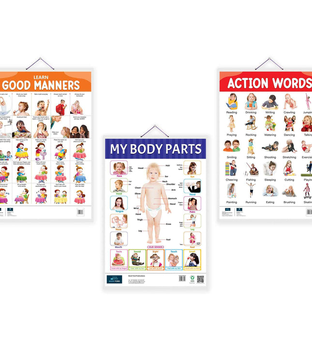 Learn Good Manners, My Body Parts and Action Words Educational Charts - set of 3 For Kids.