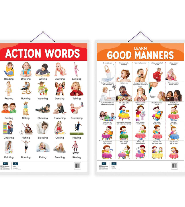 Learn Good Manners, Action Words Learning Educational Chart (set of 2) for Kids.