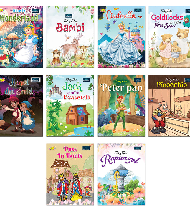 Fairy Tales for Kids (Set Of 10) - Alice In Wonder Land , Bambi , Hansel And Gretel , Peter Pan , Pinocchio Rapunzel , Cinderella , And Many More | story books for 3+ Years.