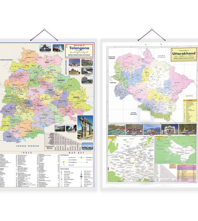 Telangana and Uttarakhannd Political Map (Set of 2) Double Side Laminated Chart - Non-Tearable and Waterproof, Double Sides Printed Laminated Charts.