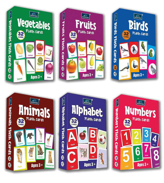 Flash Cards - Set of 6 Flash Cards for Kids - Alphabet, Numbers, Fruits, Vegetables, Animals, and Birds.