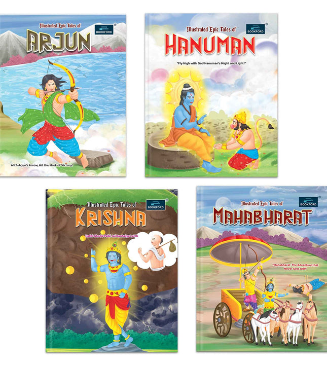 Illustrated Tales of Krishna, Arjun, Mahabharat & Hanuman (Set of 4 Books) - Divine Legends and Sacred Adventures with Mythological Heroes Filled with Stunning Illustrations for Kids