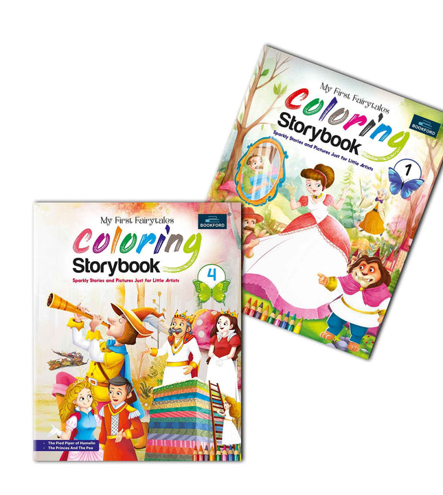 Fairytales Coloring Storybooks - Set of 2 (Parts 1 & 4) - Includes Cinderella, Beauty and the Beast, Pied Piper & Princess and the Pea