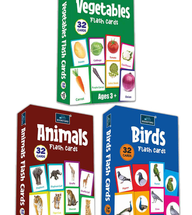 Flash Cards - Set Of 3 Multicolor Flash Cards For Kids - Vegetables, Animals, And Birds.
