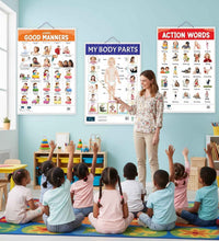 Learn Good Manners, My Body Parts and Action Words Educational Charts - set of 3 For Kids.