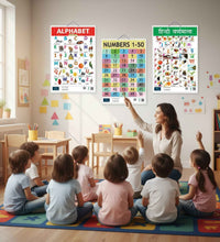 Alphabet, Hindi Varnamala and Number 1-50 Learning Chart (set of 3) for Kids.
