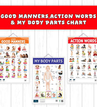 Learn Good Manners, My Body Parts and Action Words Educational Charts - set of 3 For Kids.