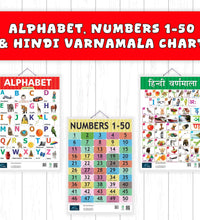 Alphabet, Hindi Varnamala and Number 1-50 Learning Chart (set of 3) for Kids.