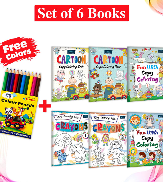 Coloring Book Set of 6 Book With Free 10pcs Colors For Kids and Childrens – Fun with Copy Coloring Part 1, 2 Cartoon Copy Coloring Part 1, 2 Copy Coloring With Crayons Part 1,2 Fun Activity, Boosts Creativity
