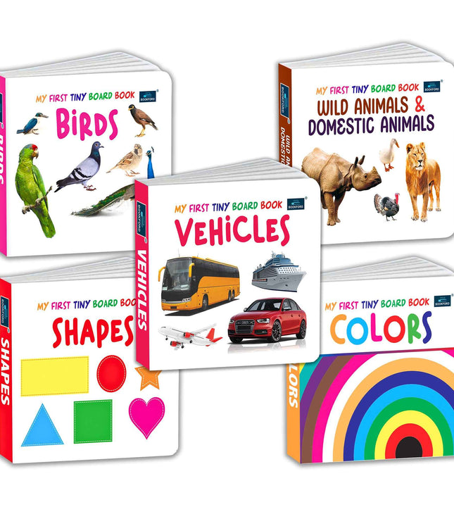 My First Tiny Board book-Wild & Domestic Animals, Birds, Colors, shapes and Vehicles (Set of 5) for Kids