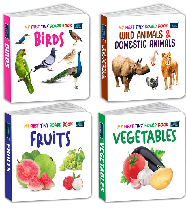 My First Tiny Board book- Vegetables, Fruits, Wild & Domestic animals and Birds (Set of 4) for Kids