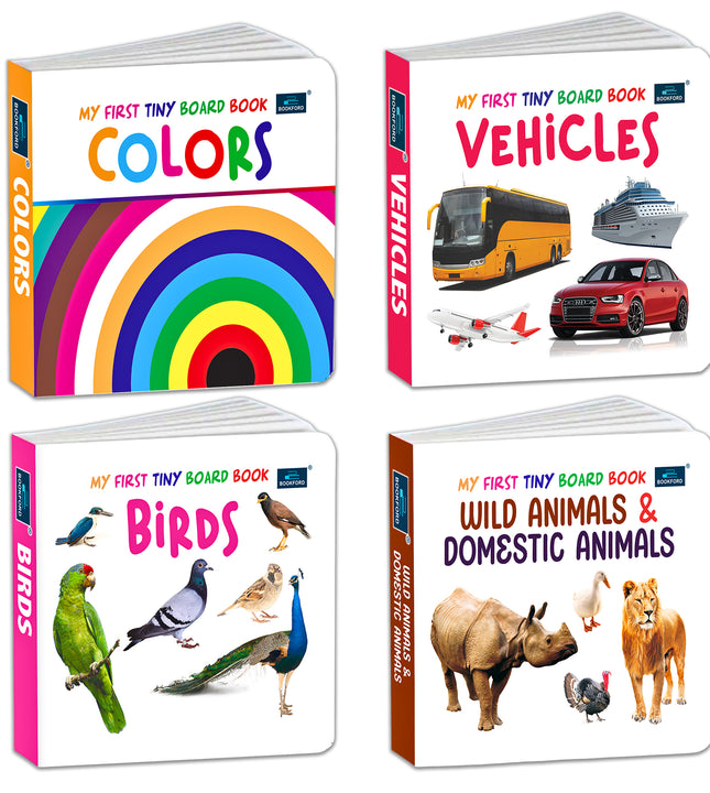 My First Tiny Board book- Colors, Vehicles, birds and Wild & Domestic animals (Set of 4) for Kids