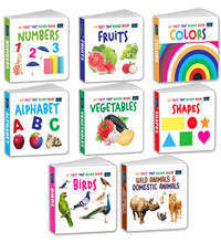 My First Tiny Board book- Numbers, shape, Vegetables, Alphabet, Birds, Colors, Fruits, Wild & Domestic animals (Set of 8) for Kids