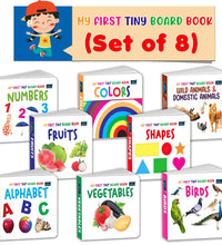 My First Tiny Board book- Numbers, shape, Vegetables, Alphabet, Birds, Colors, Fruits, Wild & Domestic animals (Set of 8) for Kids
