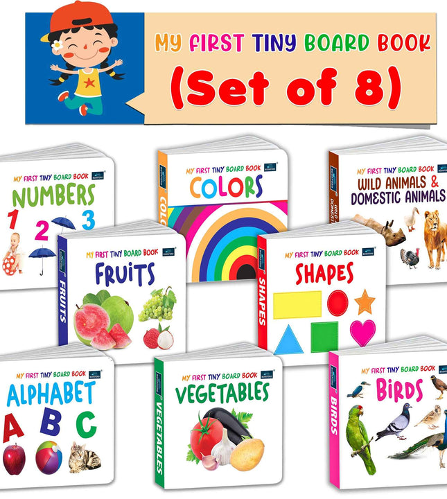 My First Tiny Board book- Numbers, shape, Vegetables, Alphabet, Birds, Colors, Fruits, Wild & Domestic animals (Set of 8) for Kids