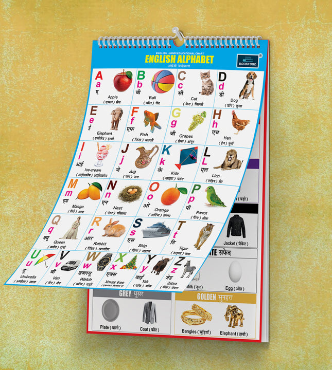 Amazing 16 in 1 ENGLISH-HINDI Educational Chart For Kids (16 Charts front back ) 36 x 50 cm - Children Spiral Wall Picture Chart