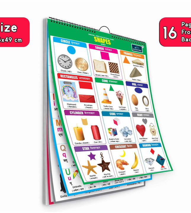 16 in 1 Shape Educational Chart For Kids (16 Charts front back ) 36 x 50 cm - Children Spiral Wall Picture Chart