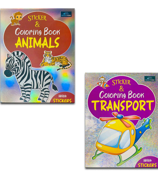 Sticker & Coloring Set of 2 - Animal & Transport Books For Kids.
