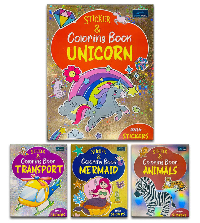 Magical Sticker & Coloring Book for Kids (Set of 4) - Mermaid, Unicorns, Transports and Animals Books for Kids