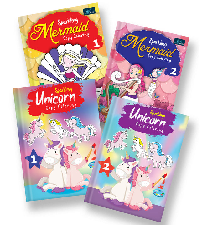 Sparkling Copy Coloring Book For Kids (Unicorn Part 1 & 2 and Mermaid Part 1 & 2) Set Of 4 - Fun & Education, Coloring Activities based on Colorful Imagery Suitable for All Ages