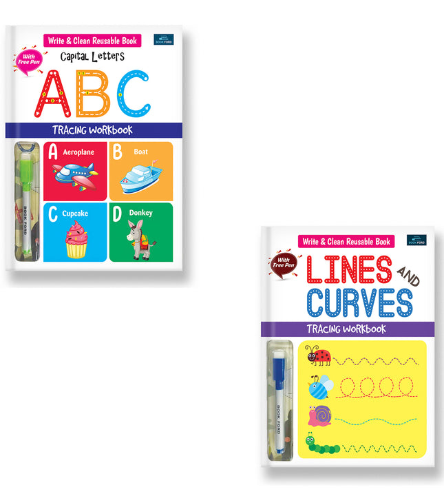 Write & Clean Reusable Book - Set Of 2 Books - Alphabet Capital Letters, Lines & Curves