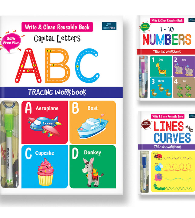 Write & Clean Reusable Book - Set Of 3 Books - Alphabet Capital Letters, Numbers, And Lines & Curves