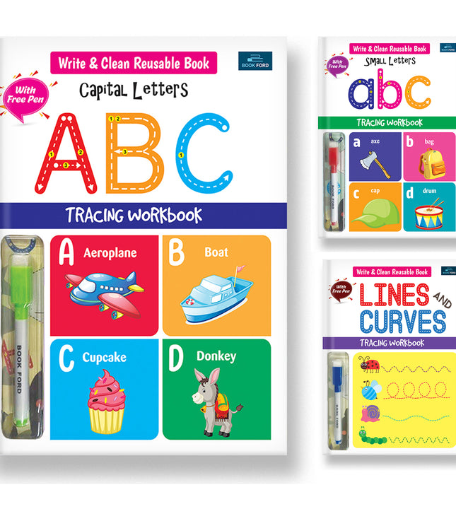 Write & Clean Reusable Book - Set Of 3 Books - Alphabet Capital Letters, Alphabet Small Letters, And Lines & Curves