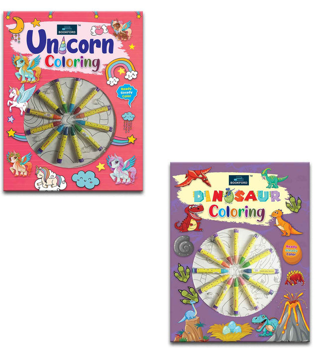 Dinosaur and Unicorn Coloring Book for kids (Set Of 2) for Kids and Childrens - Fun Drawing and Painting and Creative Pictures