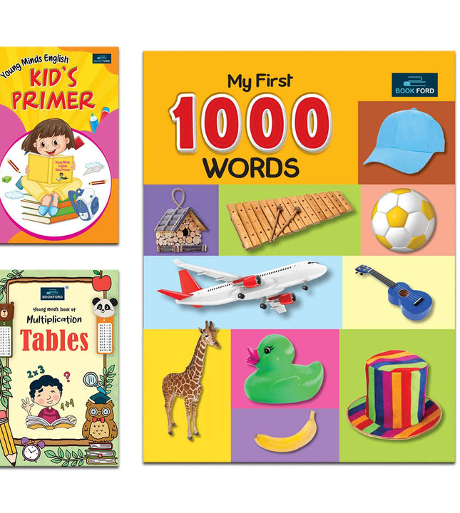 Learning Books for Kids (Set of 3) - My First 1000 Words, Young Minds Book Of Multiplication Tables & Young Minds English Kid's Primer