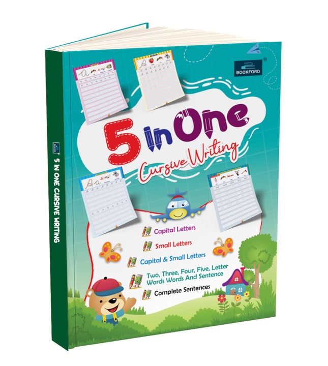 BOOKFORD 5-in-One Cursive Handwriting Practice Book for Kids – Learn Capital & Small Letters, Joining Letters, Words & Sentences | Cursive Writing ... Practice Book of 5 In One Cursive Writing)