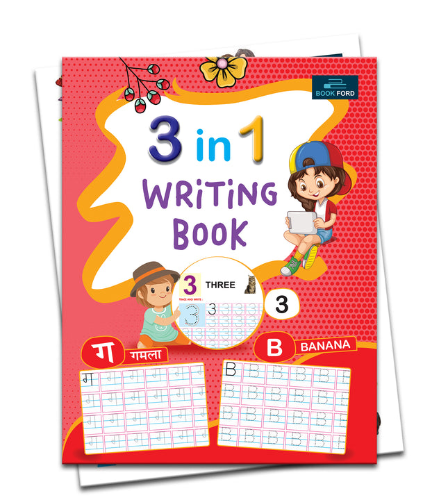 3 in 1 Writing Book for Kids and Childrens - Early Tracing Hindi Varnamala, Learn Capital, Small Alphabet, Numbers and Handwriting Improve Skills - Ages 3+ Years: English