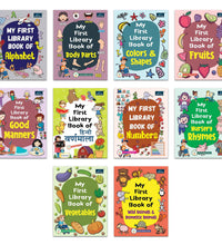 My First Library book of -Alphabet, Body Parts, Colours & Shapes, Fruits, Good Manners, Hindi Varnamala, Nursery Rhymes-Set of 10