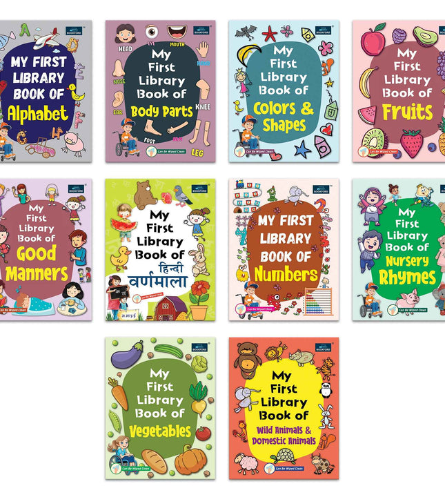 My First Library book of -Alphabet, Body Parts, Colours & Shapes, Fruits, Good Manners, Hindi Varnamala, Nursery Rhymes-Set of 10