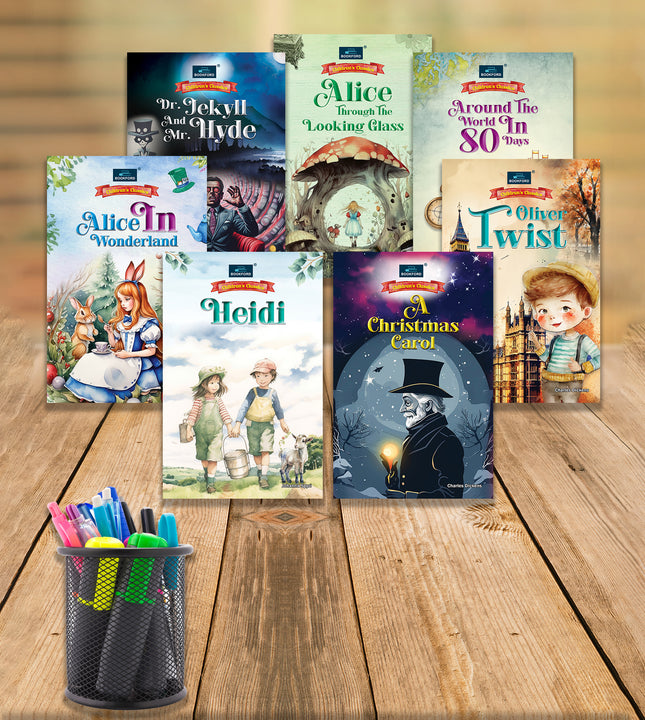 Children's Classics Novel (Set of 7 books)- Alice In Wonderland, Heidi, Around The World 80 Days, Dr. Jykell & Hyde, Oliver Twist, A Christmas Carol & Alice Trough The Looking Grass