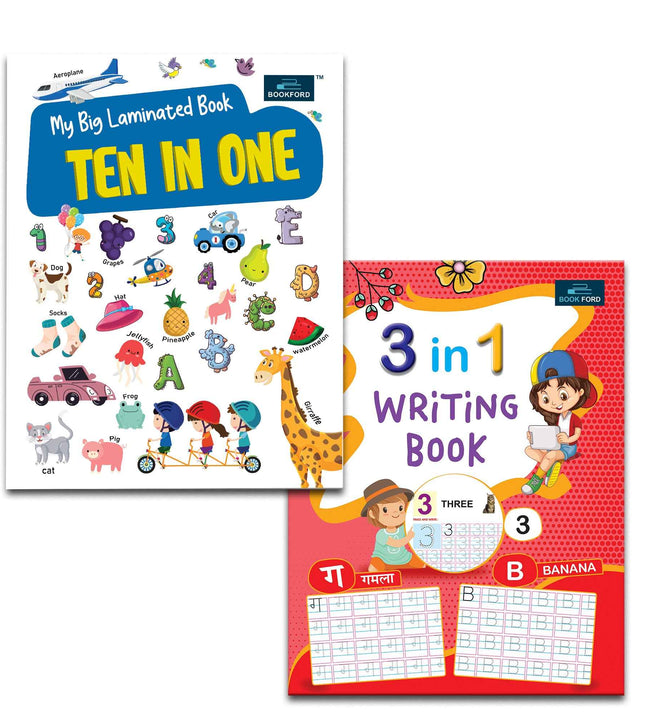 My First Reading And Writing Book For Kids - Set Of 2 Books - 3 In 1 Writing Book And My Big Laminated Book Ten In One - 2 Years To 5 Years Kids