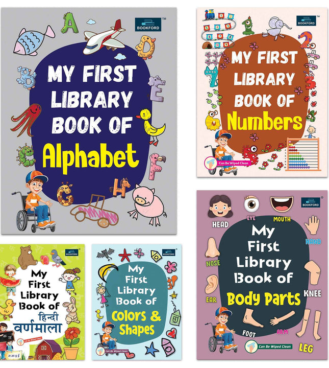 My First Library Books - Set of 5 Books - Alphabet, Numbers, Hindi Varnamala, Colors & Shapes, and Body Parts For Kids