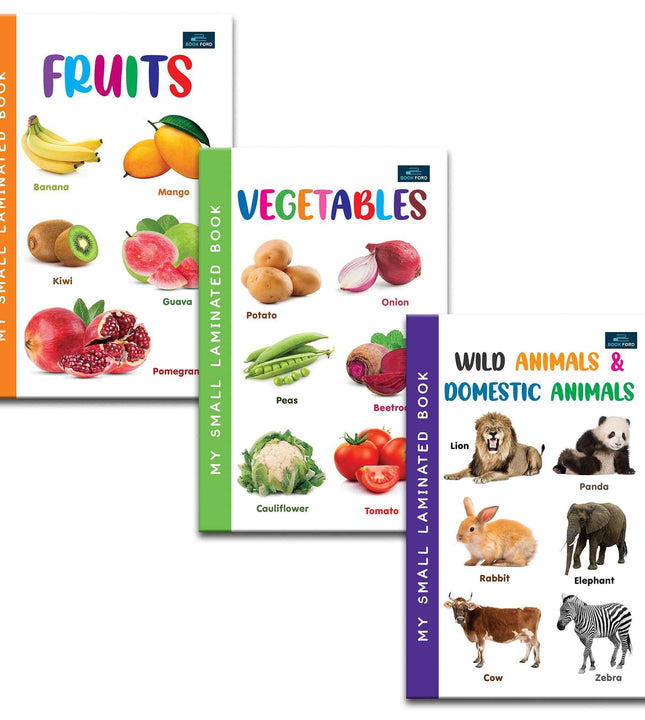 My Small Laminated Books - Set Of 3 Books - Fruits , Vegetables, Wild Animals And Domestic Animals For Kids ,