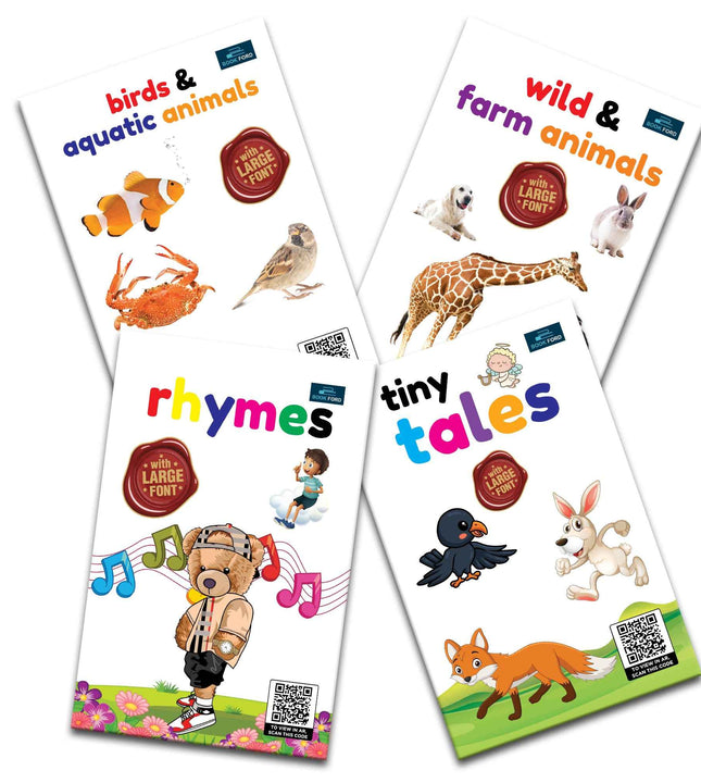 For Little Readings Library Book Of - Set Of 4 Books - Birds & Aquatic Animals , Wild & Farm Animals , Rhymes , Tiny Tales For Kids Hardcover