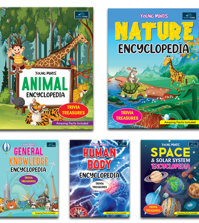 Young Minds Encyclopedia - Set Of 5 Books - Animals , General Knowledge , Space , Human Body , And Nature Encyclopedia For Kids ,