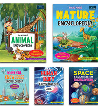 Young Minds Encyclopedia - Set Of 5 Books - Animals , General Knowledge , Space , Human Body , And Nature Encyclopedia For Kids ,
