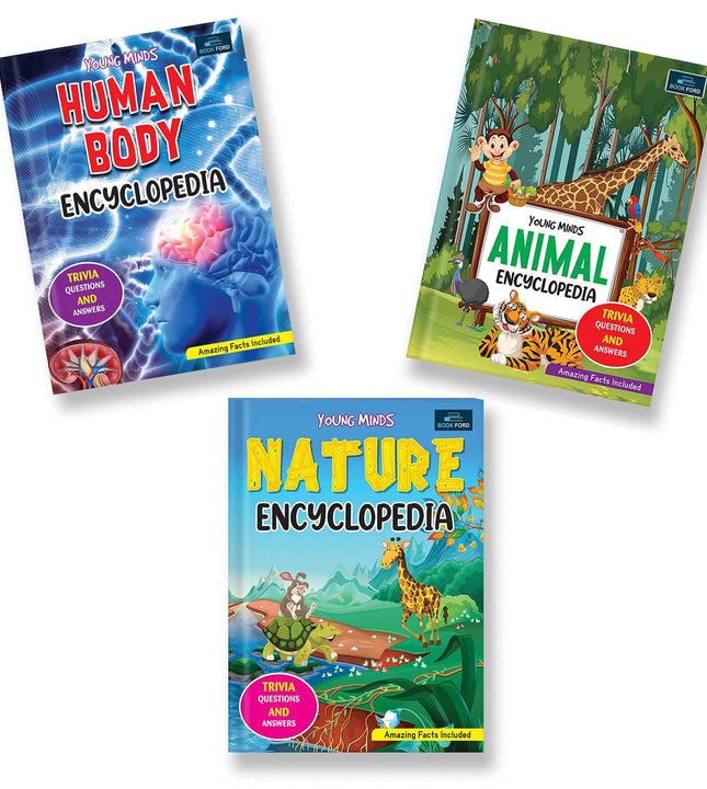 Young Minds Encyclopedia - Set Of 3 Books - Animals, Human Body, And Nature Encyclopedia For Kids ,
