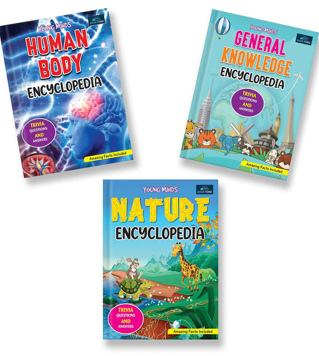 Young Minds Encyclopedia - Set Of 3 Books - General Knowledge, Human Body, And Nature Encyclopedia For Kids