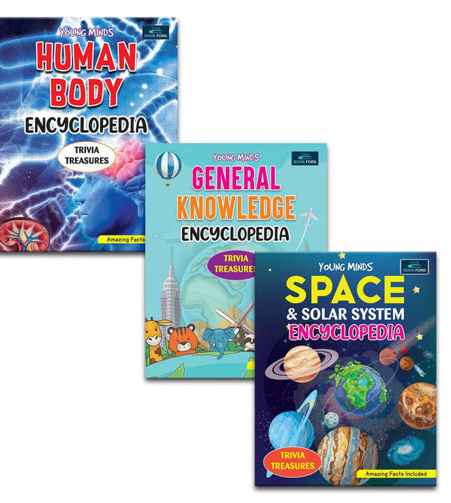 Young Minds Encyclopedia - Set Of 3 - General Knowledge, Space, And Human Body Encyclopedia For Kids