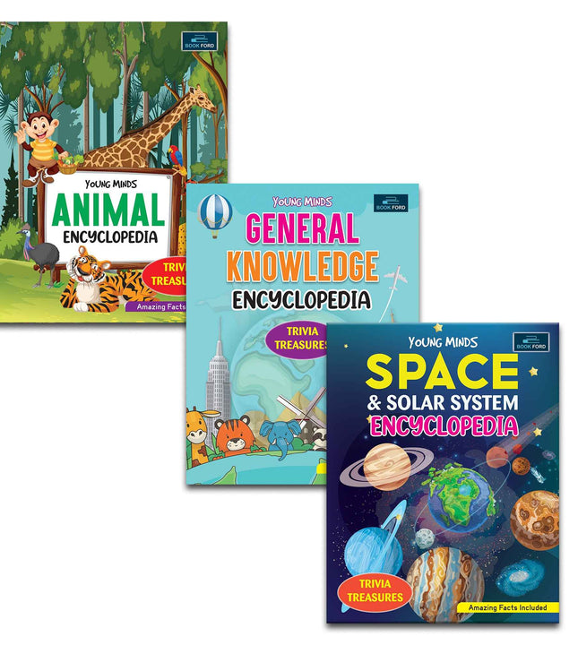 Young Minds Encyclopedia - Set Of 3 - Animals , General Knowledge , And Space Encyclopedia For Kids