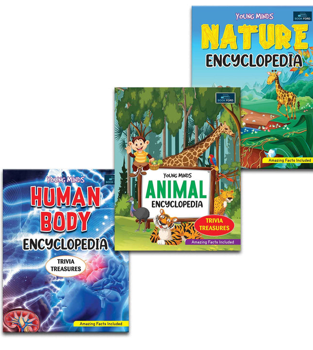 Young Minds Encyclopedia - Set Of 3 Books - Animals , Human Body ,  Nature Encyclopedia For Kids